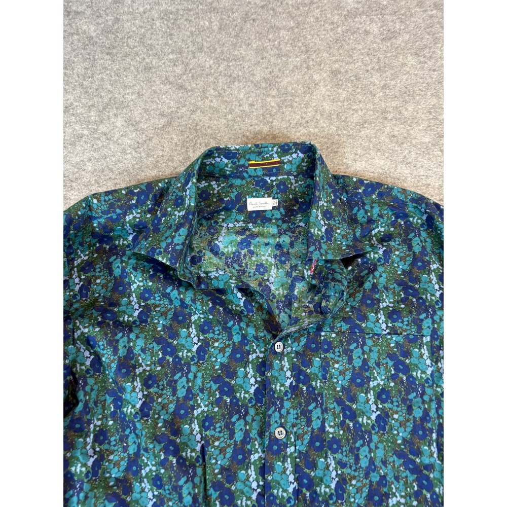 Paul Smith Dress Shirt Mens 17.5 Blue Green Floral Button Up Italy Retro Preppy